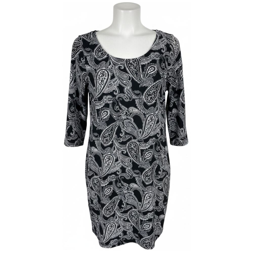 George Dress S Black White Paisley Scoop Neck Long Sleeves Midi Shift Office